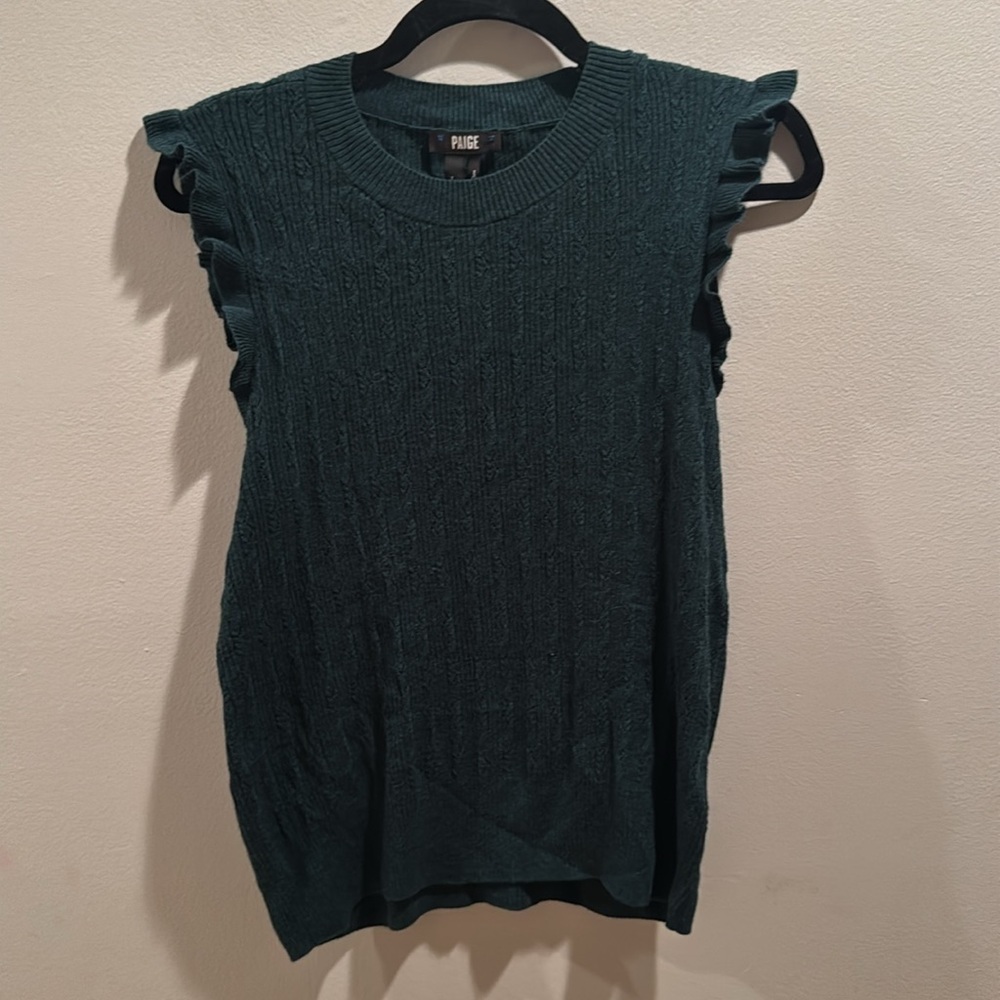 Paige Forest Green Gardenia Sleeveless Ruffle Trim Sweater Large - Picture 2 of 6